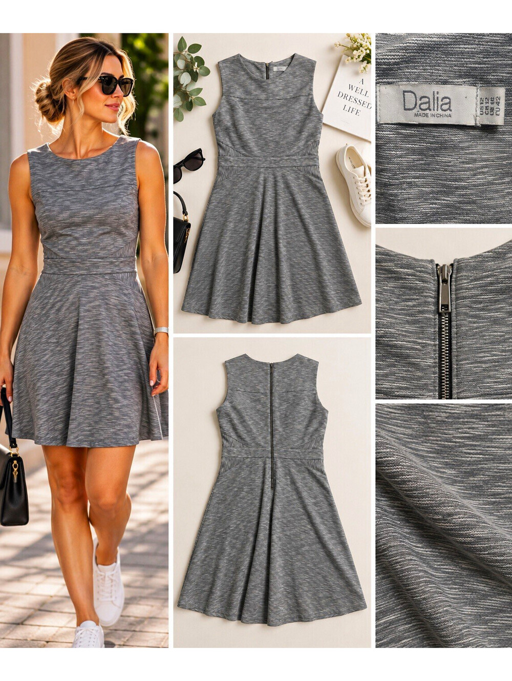 Dalia Womenโs Gray Fit & Flare Dress Sleeveless Cutout Waist Back Zip 12